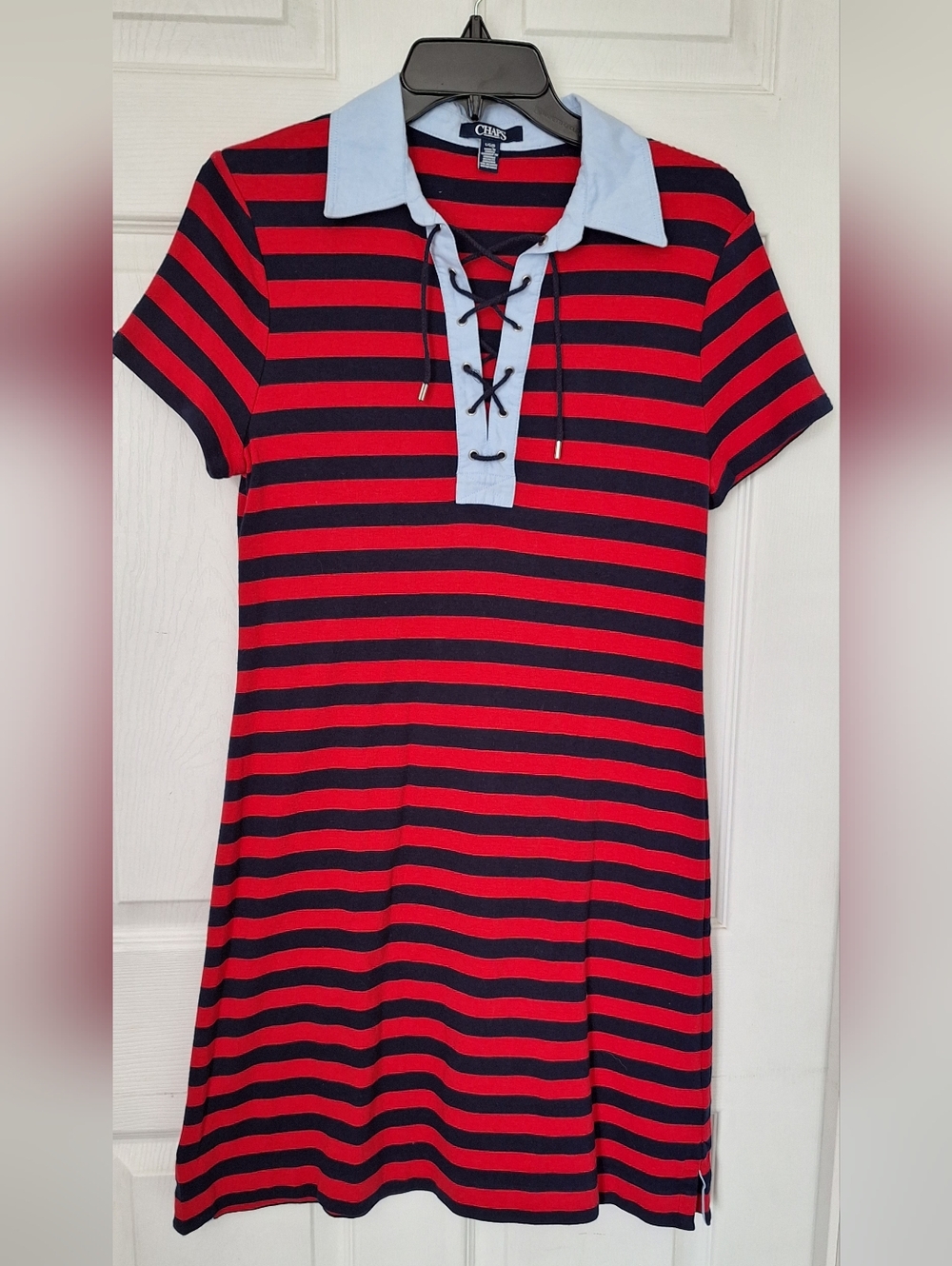 Chaps Striped Polo Dress Womens Size L Red Navy Lace Up Casual Short Sleeve